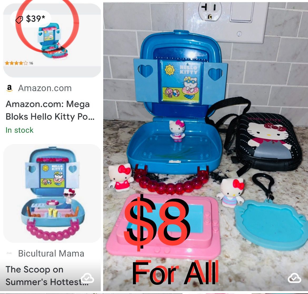 $8 For All Hello Kitty collection Vintage Lego Blocks pool party & small black purse Camara holder