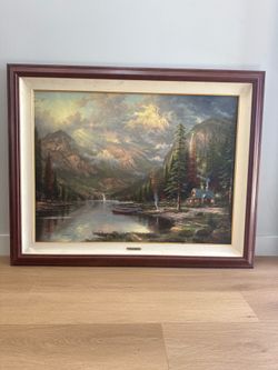 Large Thomas Kinkade Framed Print – Mountain Cabin Lake Scene – 29” x 39”