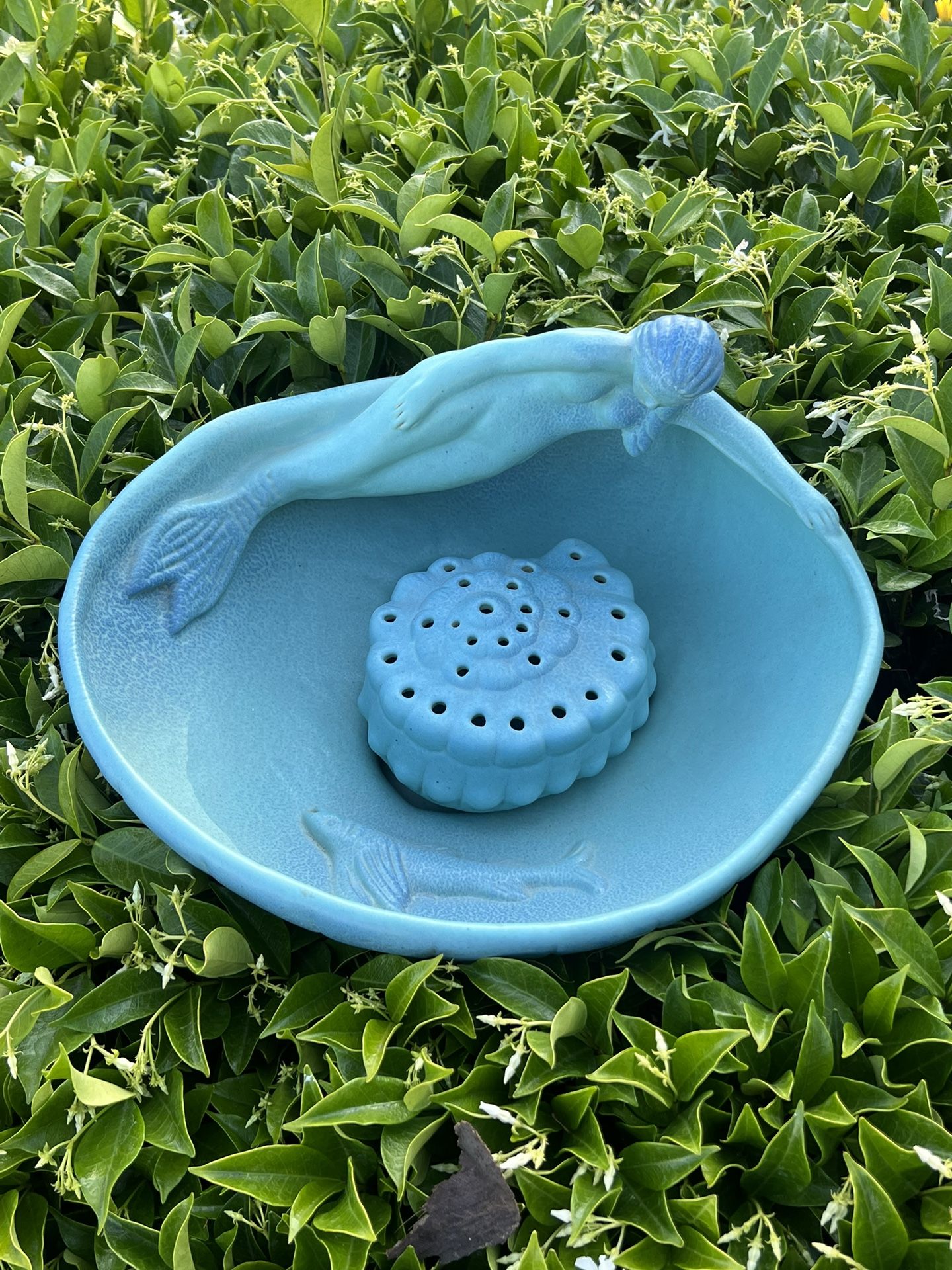 SIREN OF THE SEA BOWL & FLOWER FROG ~ MERMAID FLYING FISH ~ VAN BRIGGLE POTTERY