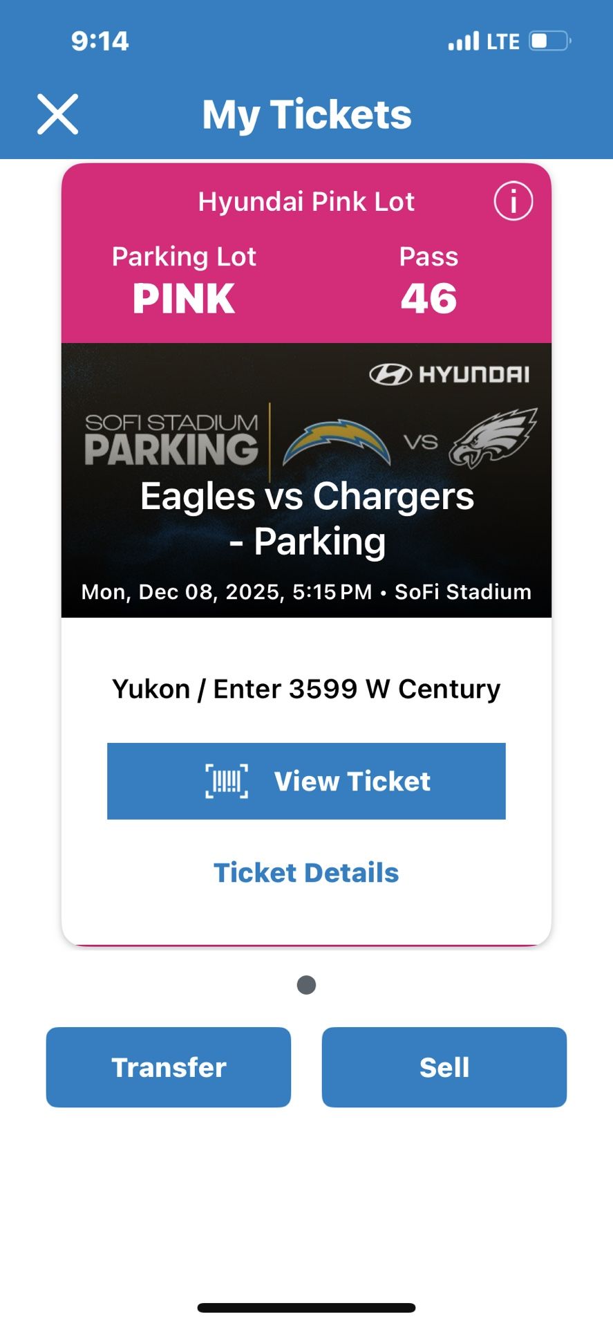 Chargers/Eagles tailgate parking 