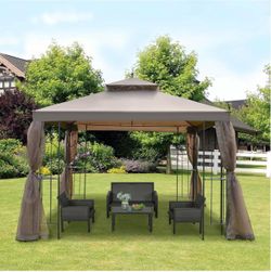 10x12 Outdoor Gazebo with Netting and Shelves, Double Roof Patio Canopy for Backyard, Garden & Party Use (Brown)
