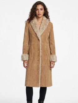 Leather Women's Suede Long Coat with Fur Trim