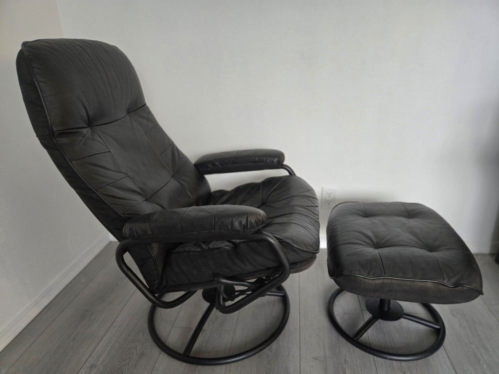 Modern Black Leather Recliner Chair & Ottoman