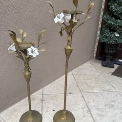 Set Of Two Tall  iron candleholders, gold with flowers, beautiful huge estate sale on Spring Valley Lake