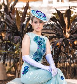 Mint Green Embroidered Formal Gown with Fascinator