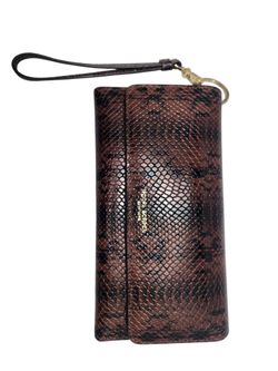 Henri Bendel NY Brown Snakeskin Embossed Leather Continental Flap Wristlet Wallet