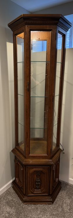 Vintage 6-sided Curio Cabinet — Solid Wood, Glass Shelves, Working Light 