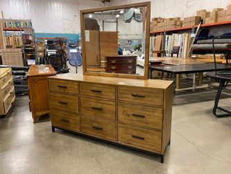 Rustic 9 Drawer Triple Dresser with Black Bar Pulls and Mirror