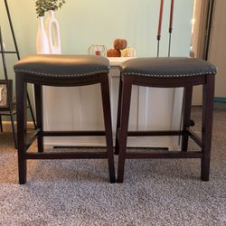 2 Grey Leather Upholstered Stool - Counter Height