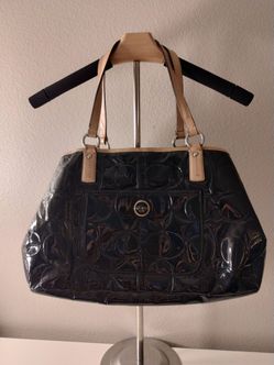 Vintage Black Vinyl Coach Kisslock Tote Silver Spacious Three Compartment Purse