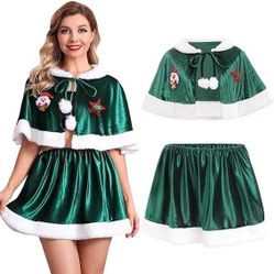 Christmas Cloak Costume Xmas Velvet Skirt Set Santa Claus Cape Shawl Holiday Short Cloak For Women And Girls