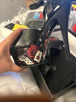 Black Patent Platform Heels with Gothic Print