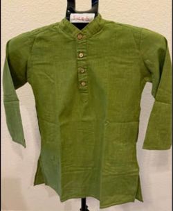 Green Color plain Cotton Kurta with Wooden Buttons for Boys/Kids