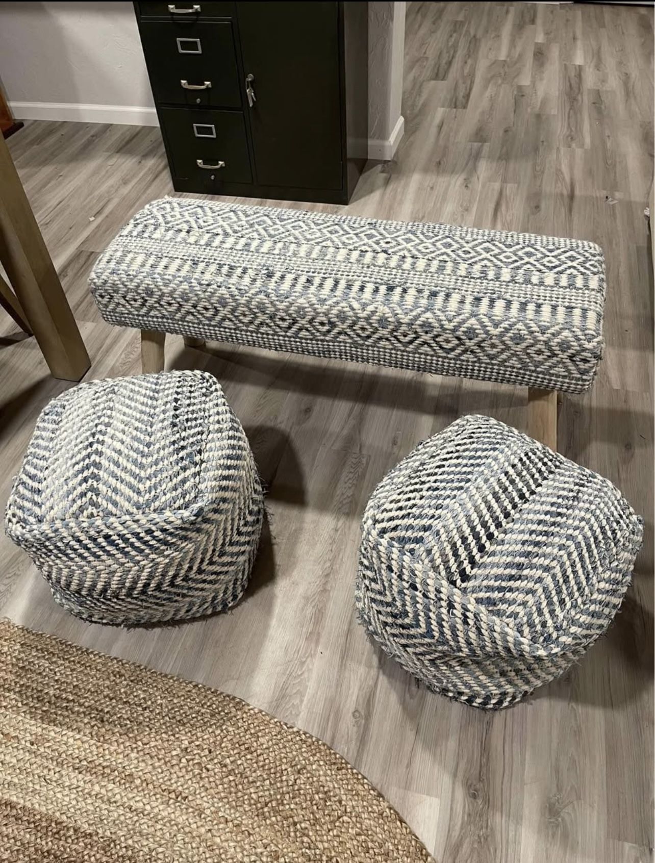 Bench And Two Square Pouf Footstool