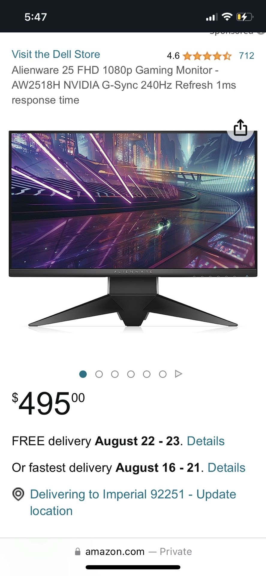 Alienware 25 FHD 1080p Gaming Monitor - AW2518H NVIDIA G-Sync 240Hz Refresh 1ms response time