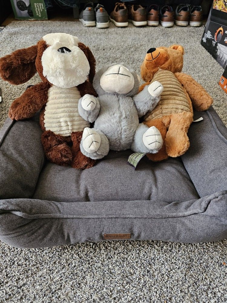 Medium Size Dog Bed and 3 stuffed abimals