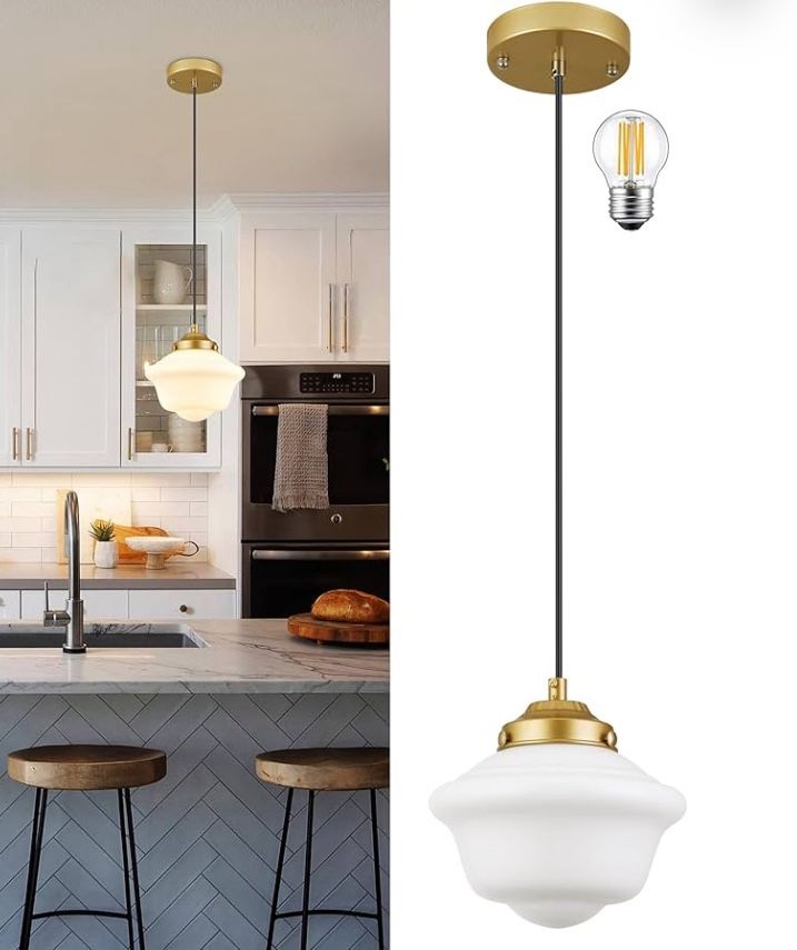 Gold Schoolhouse Light Fixture 8" Milk Glass Light Fixture