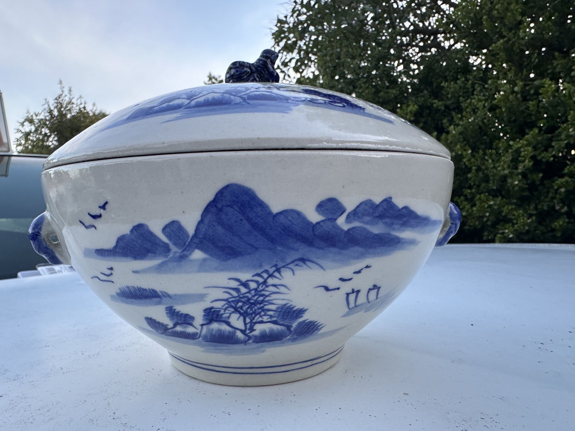 Asian Bowl with Lid - Blue and White Jar, Ceramic Jar with Lid, Chinoiserie Decor, Grandmillennial Decor Style, Foo Dog Finial