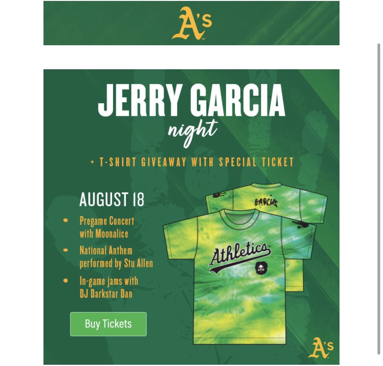 Oakland Athletics Jerry Garcia Tie Dye Special Event Shirt