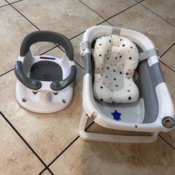 A really nice and clean baby high chair, a huge, tall office chair, a baby bath seat with a water temperature indicator (including the tub), scooter.