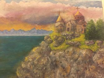 “Church by the lake” Oil painting - original
