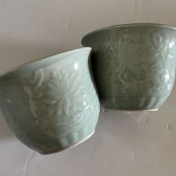 A pair Excellent Vintage Chinese Celadon Ceramic Glazed Light Green Plant Pots
