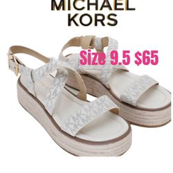 MICHAEL Lynn Leather Buckled Espadrille Sandals Vanilla Size 9.5 💖