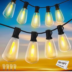 100FT LED Outdoor String Lights, Patio Deck Lights with 50+4 Shatterproof ST38 Edison Bulbs, Dimmable Warm White Waterproof Outside Hanging Lights Con