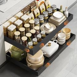 Pull Out Cabinet Organizer, Slide Out Drawers for Kitchen Cabinets with Adhesive Nano Film Fixed, Pantry Storage Shelves(1PCS 16.5''Deep,Black)