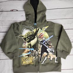 Star Wars Clone Wars kids zip up hoodie jacket Olive Green with Characters on Front Size 4. 