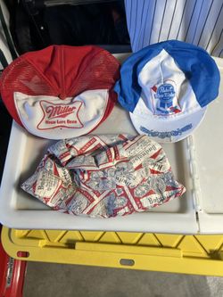 4 old beer hats - Bud, Pabst, Miller - good shape