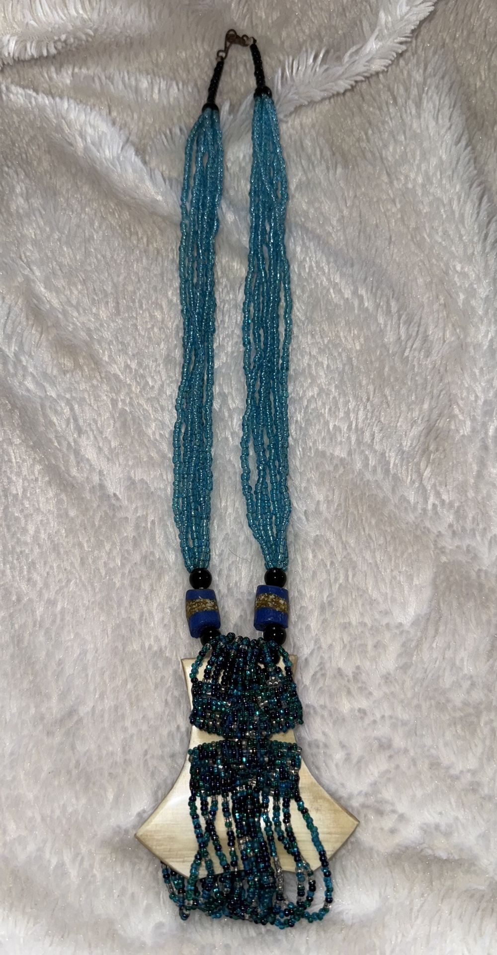 Vintage Unique Multi Strand Sea Beads Necklace with Mother of Pearl Pendant wrapped in beads