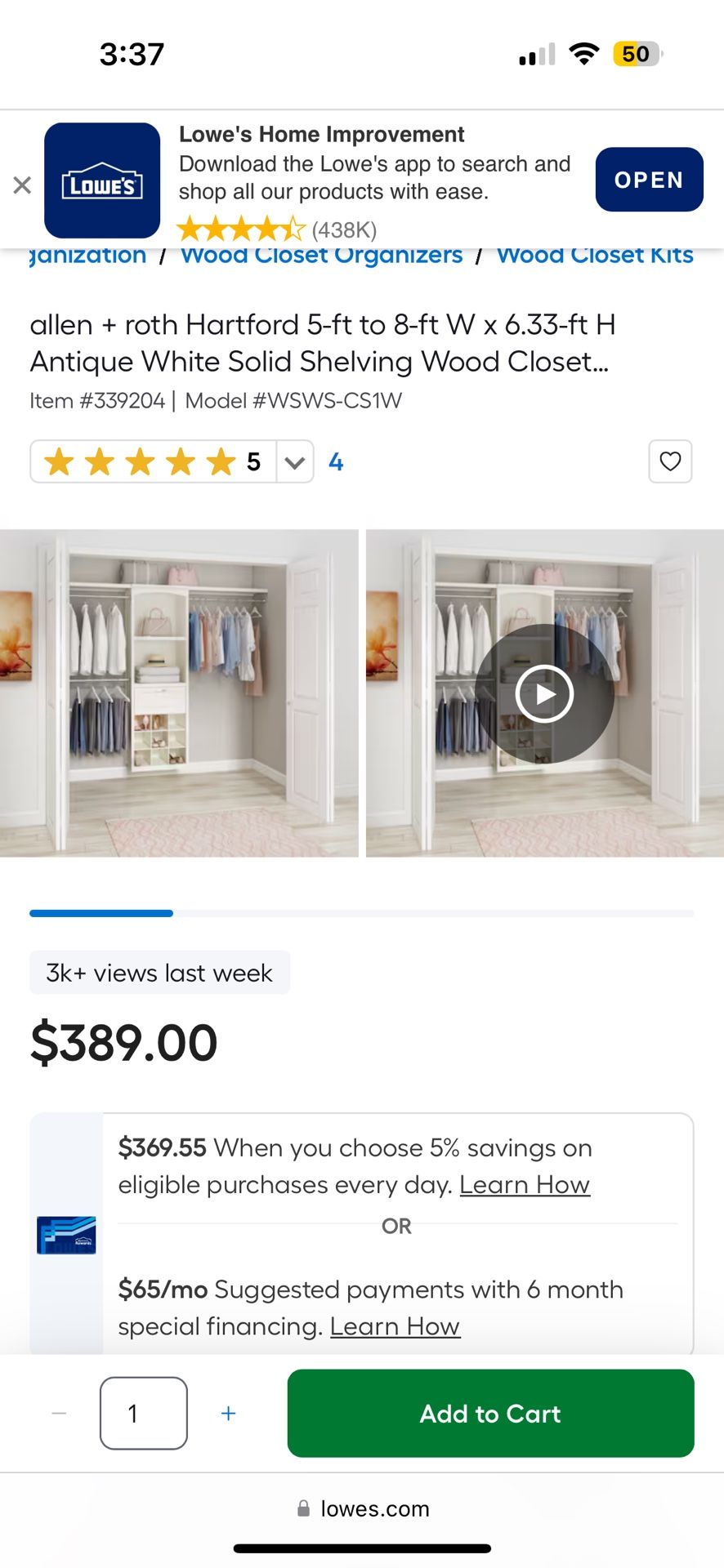 allen + roth Hartford 5-ft to 8-ft W x 6.33-ft H Antique White Solid Shelving Wood Closet