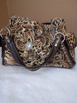 Animal Print Handbag with Flower Detail