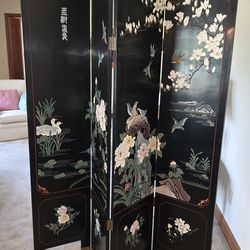 Vintage 4-Panel Hand-Painted Lacquer Screen