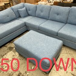 (Finance and Delivery) 2 PCS Nailhead Sectional w/ Ottoman 