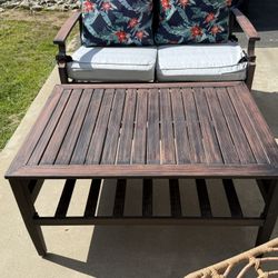 Outdoor loveseat with cushions, matching table, two wicker rattan chairs - like new quality