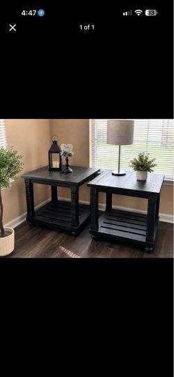 Pair of Black Farmhouse End Tables with Lower Shelve