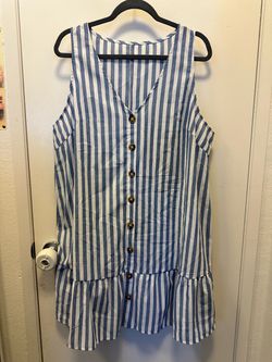 Blue White Striped Sleeveless Button-Front Top