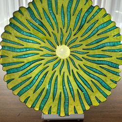 Mid-Century Style 13” Art Glass Platter – Vibrant Lime & Teal Sunburst Design