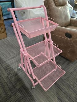 Pink 3-Tier Metal Mesh Rolling Cart
