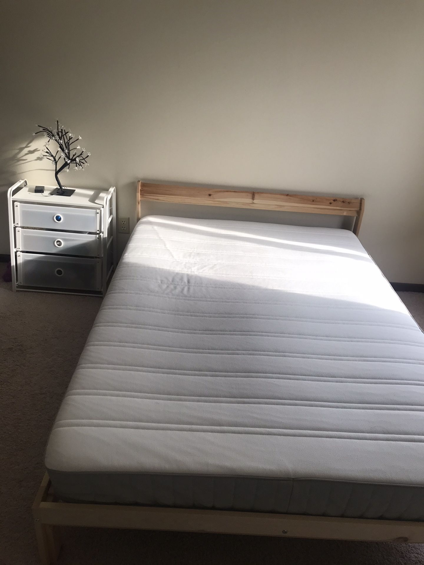 2 IKEA bed frames, 2 mattress, and 2 bed side table. 1 Table lamp