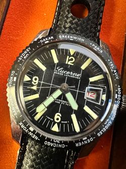 Vintage Lucerne Marine Luxusdiver Watch World Timer Skin Diver Box & Papers RUNS