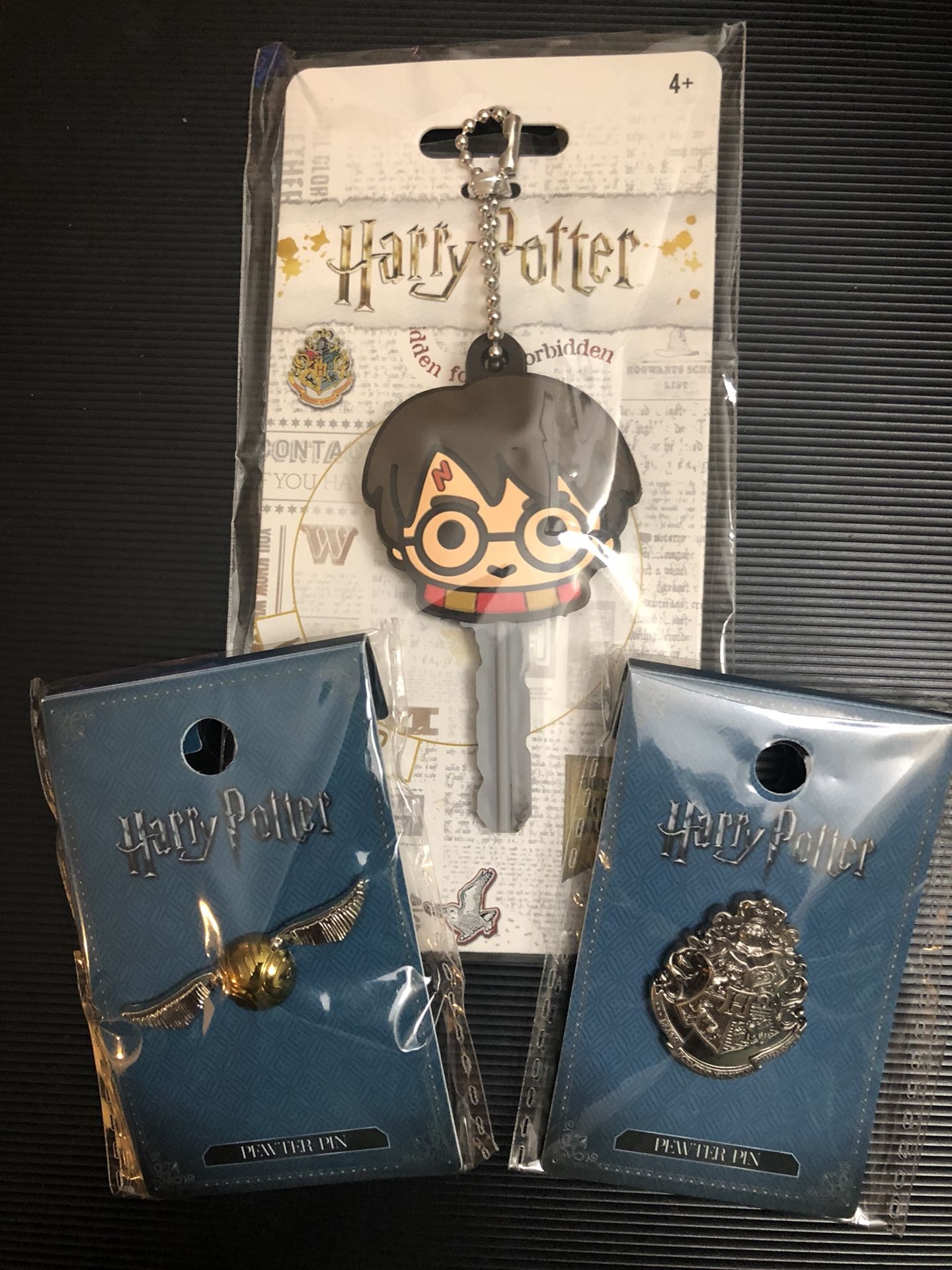 Harry Potter Key Holder, Golden Snitch Pin and Hogwarts Crest Pin