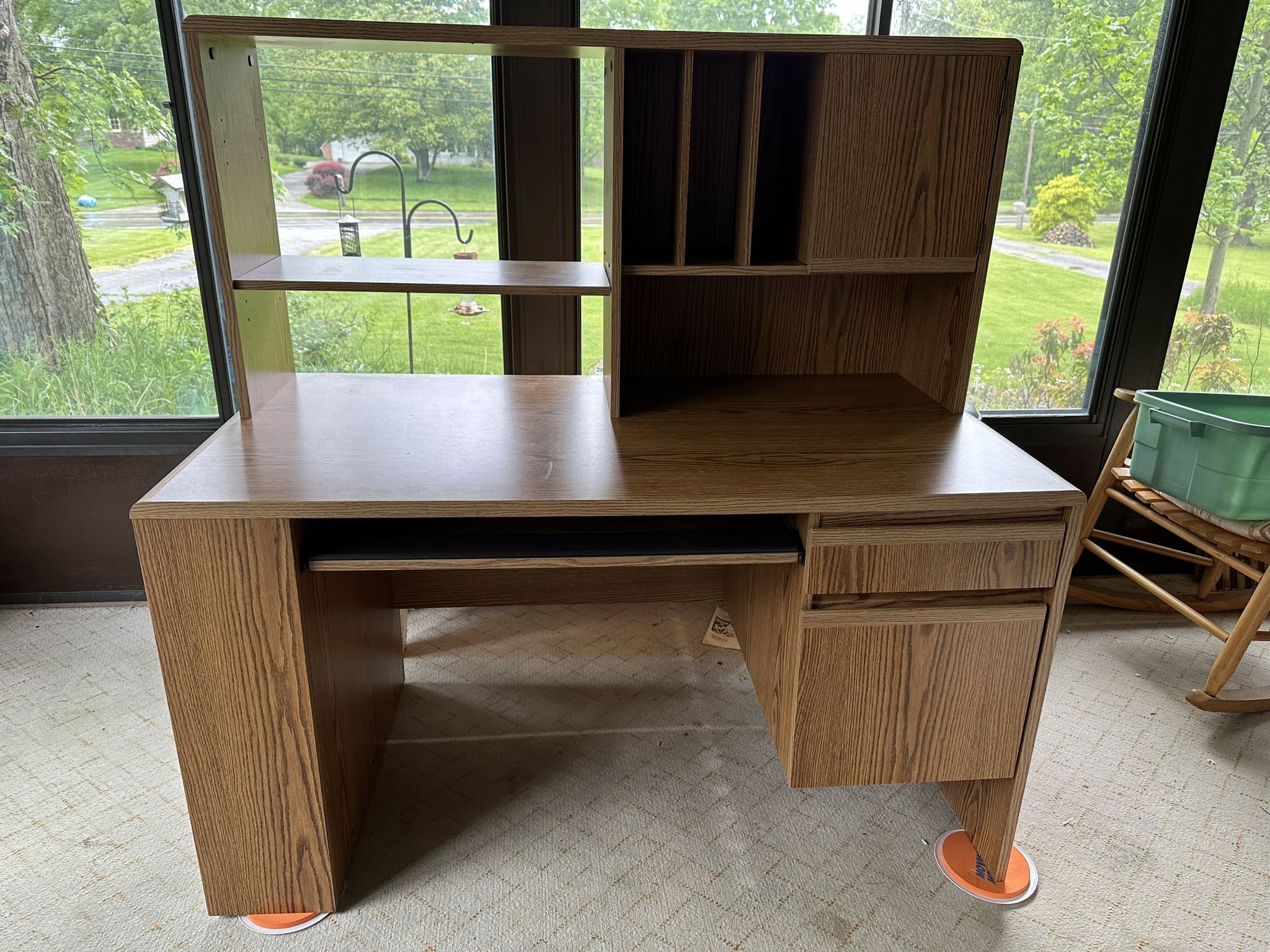 Oak Veneer Computer Desk with Hutch & Storage