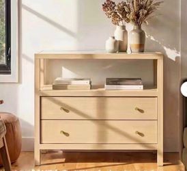 Natural Oak 2-Drawer 31.5 in. W Nightstand with, Open Storage Shelf, Fully Assembled