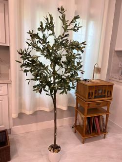Brand new in box! 6FT Tall Faux Olive Tree with Cobblestones, Artificial Plants with Natural Wood Trunk, Realistic Leaves And Lifelike Fruits