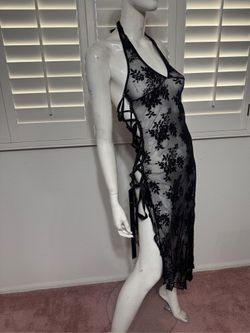 Sheer stretchy lace halter in gently used condition I don’t see any damage or wear S black hater lace sheer festival goth gothic dress victoriam Lin