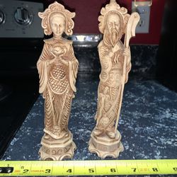 Vintage Faux Ivory Carved Statues of Kwan Yin and Shou Lao