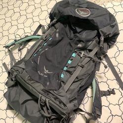 Pack, Backpacking, Backpack, Hiking, Osprey, Gray, Teal, Kyte, 66, Outdoor, Camping, Packable, Rain fly, Like New. 